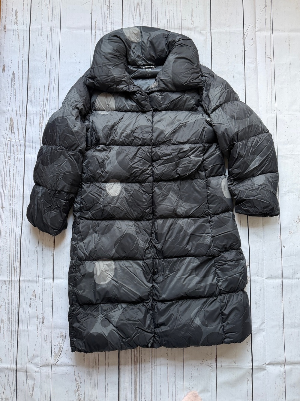 Uniqlo Marimekko Black Quilted Long Puff Jacket with Subtle Dot Print